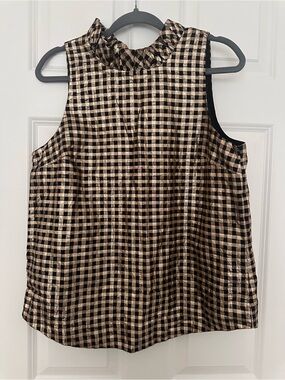 J. Crew Black & Gold Check Ruffle-Neck Sleeveless Top